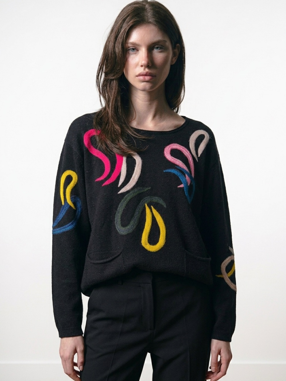 Joseph Ribkoff Black Sweater with Pink Yellow Blue & Cream Accents